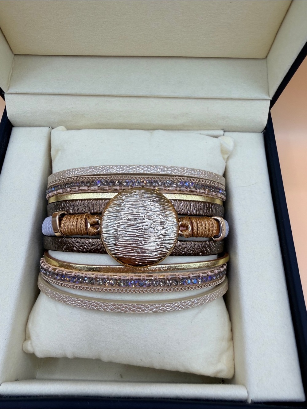 SAACHI Boho Multi-Stranded Leather Crystal Accent Bracelet